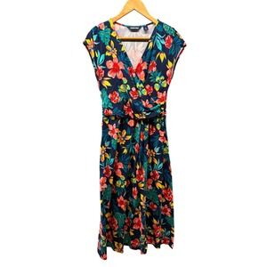 Lands' End Women's Dress S 6-8 Navy Blue Floral Print V-Neck Midi Summer Beach
